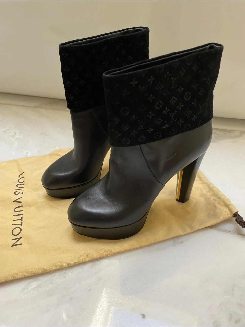 Louis Vuitton Black Leather Platform Ankle Boots with Monogram Velvet Cuff